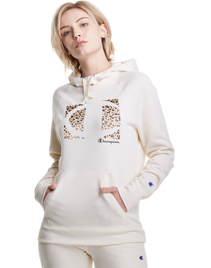 Champion Dame Hættetrøje Hvide - Powerblend Fleece Leopard Colorblock Logo - Danmark BIZ-674503